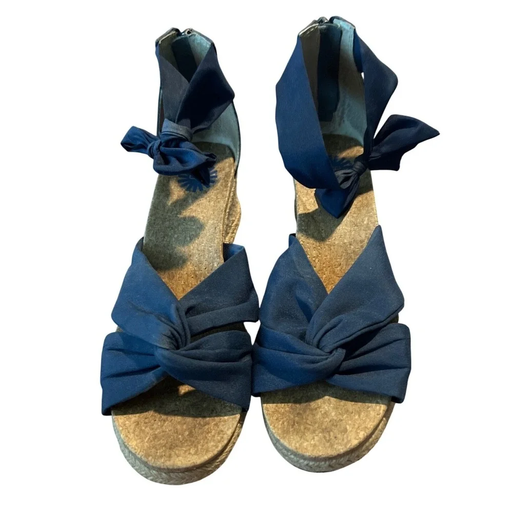 UGG Trina Navy Blue Espadrille Wedge Sandals Womens 8.5 Ankle Tie Coastal Summer